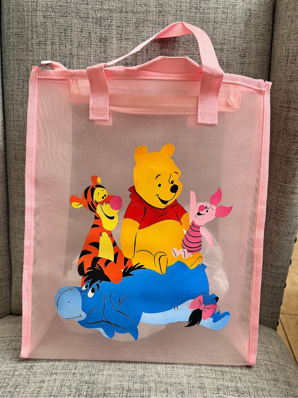 Pink Kids Mesh Tote Bag with Winnie the Pooh Characters
